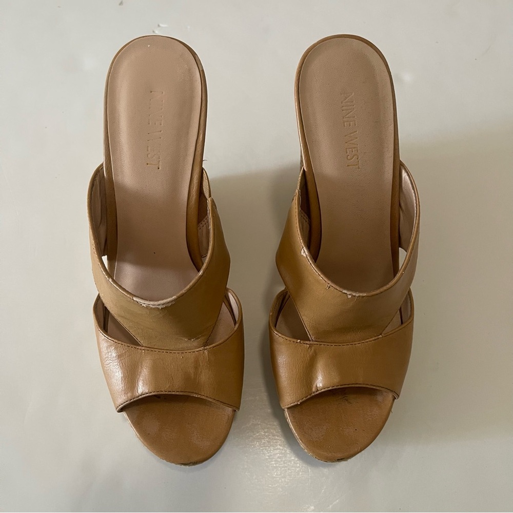 Nine West Light Brown Leather Strap Crossover Open-toe Heels